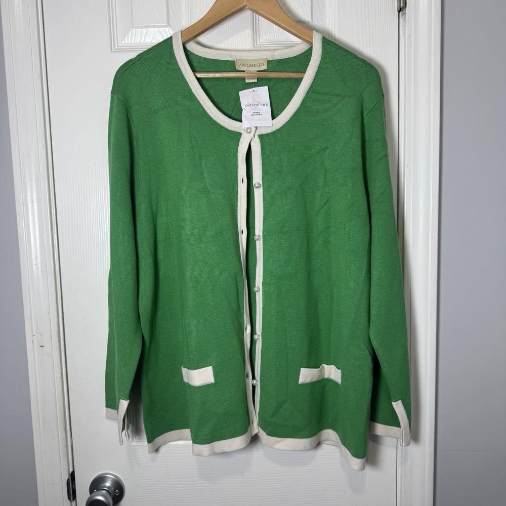 Appleseed's Greenโ White Trim Cardigan Sweater Pearl Button Up XL NWOT